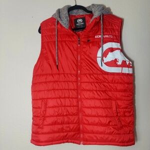 Ecko unltd. Mens Vest Size Large Red Sleeveless Quilted Hoddie Puffer Jacket